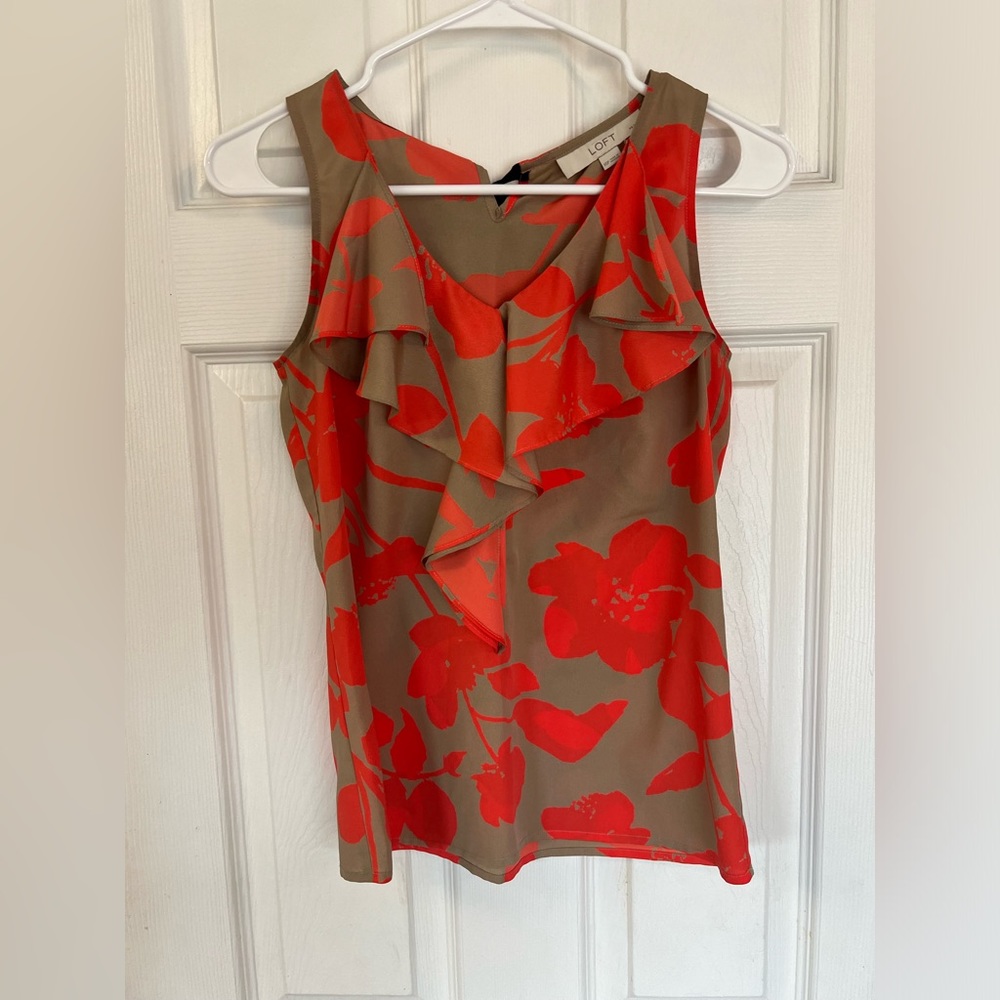Ann Taylor Loft Floral Ruffle Tan Salmon Sleeveless Blouse Size XS Petite